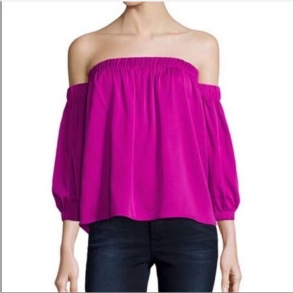 Milly of New York Pink Smocked OFF the shoulder Silk  Relaxed Blouse Size XS - Picture 1 of 3